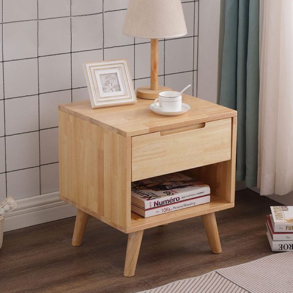 Contemporary Nordic Rectangular Wood Nightstand 1/2-Drawer For Bedroom