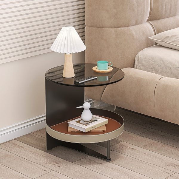 Contemporary Nordic Round Iron Glass Leather End Table 2-Tier For Living Room