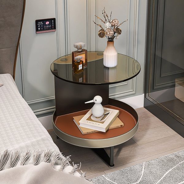 Contemporary Nordic Round Iron Glass Leather End Table 2-Tier For Living Room - Image 14