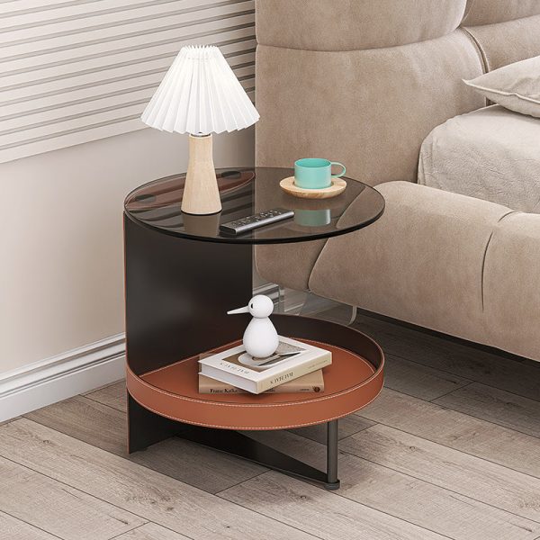 Contemporary Nordic Round Iron Glass Leather End Table 2-Tier For Living Room - Image 15