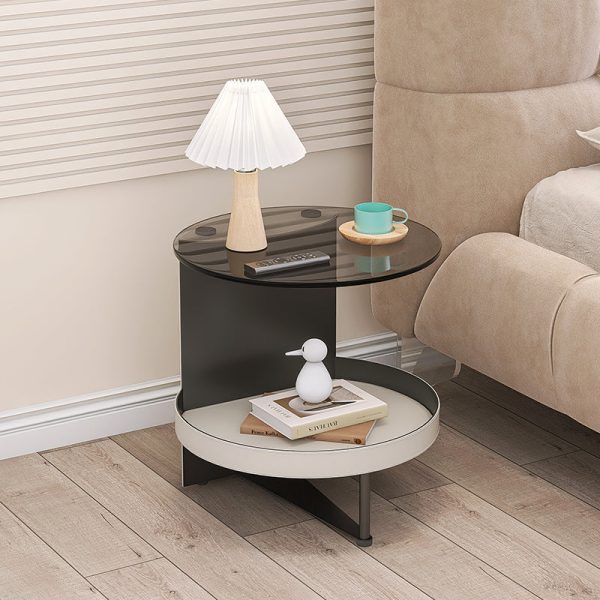 Contemporary Nordic Round Iron Glass Leather End Table 2-Tier For Living Room - Image 2