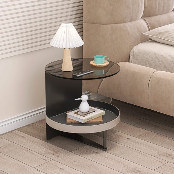 Contemporary Nordic Round Iron Glass Leather End Table 2-Tier For Living Room - Image 3