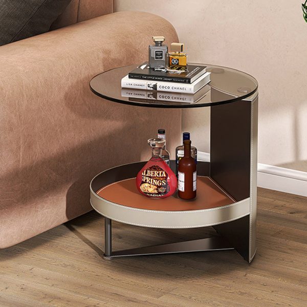 Contemporary Nordic Round Iron Glass Leather End Table 2-Tier For Living Room - Image 8