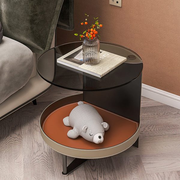 Contemporary Nordic Round Iron Glass Leather End Table 2-Tier For Living Room - Image 9