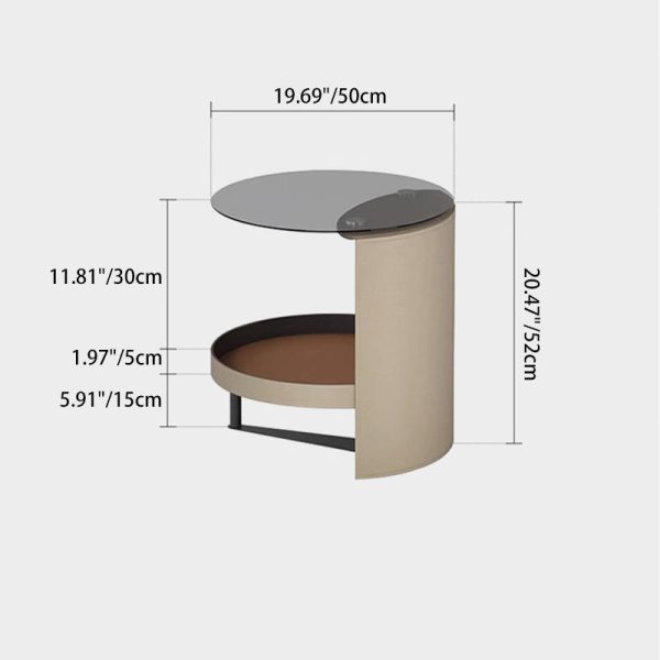 Contemporary Nordic Round Iron Glass Leather End Table 2-Tier For Living Room - Image 4