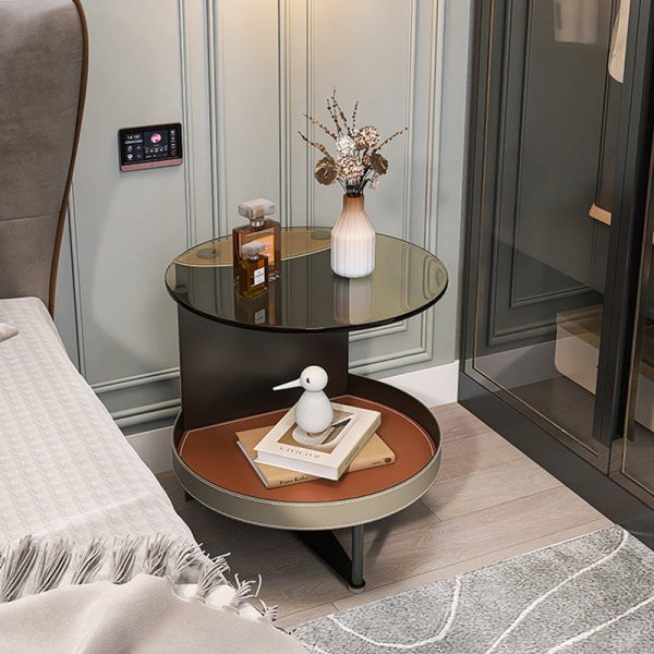 Contemporary Nordic Round Iron Glass Leather End Table 2-Tier For Living Room - Image 11