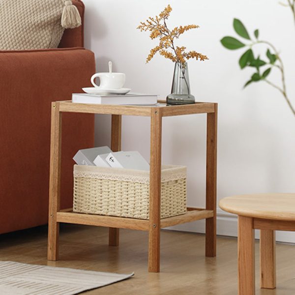 Traditional Japanese Square Wood Glass End Table 2-Tier For Living Room - Image 2