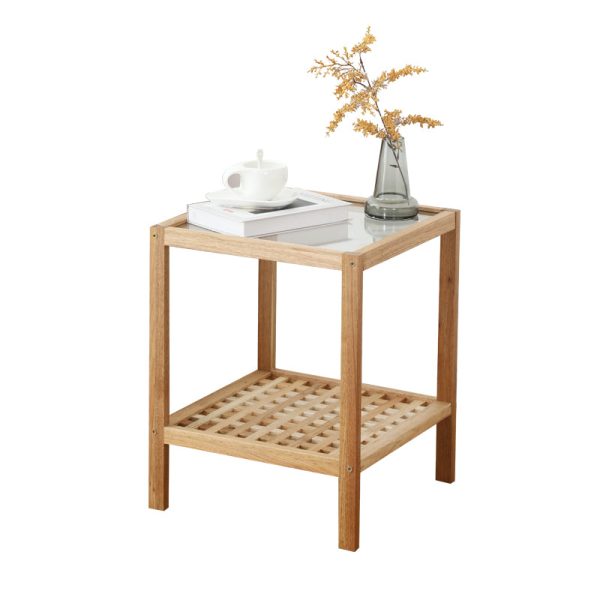 Traditional Japanese Square Wood Glass End Table 2-Tier For Living Room - Image 7