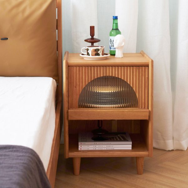 Traditional Japanese Rectangular Wood Glass End Table 1-Drawer For Living Room - Image 2