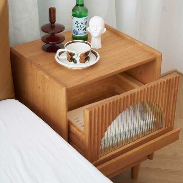 Traditional Japanese Rectangular Wood Glass End Table 1-Drawer For Living Room - Image 3