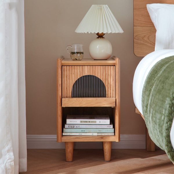 Traditional Japanese Rectangular Wood Glass End Table 1-Drawer For Living Room