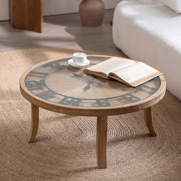 Traditional Rustic Round Wood Iron Glass Coffee Table 1-Tier For Living Room