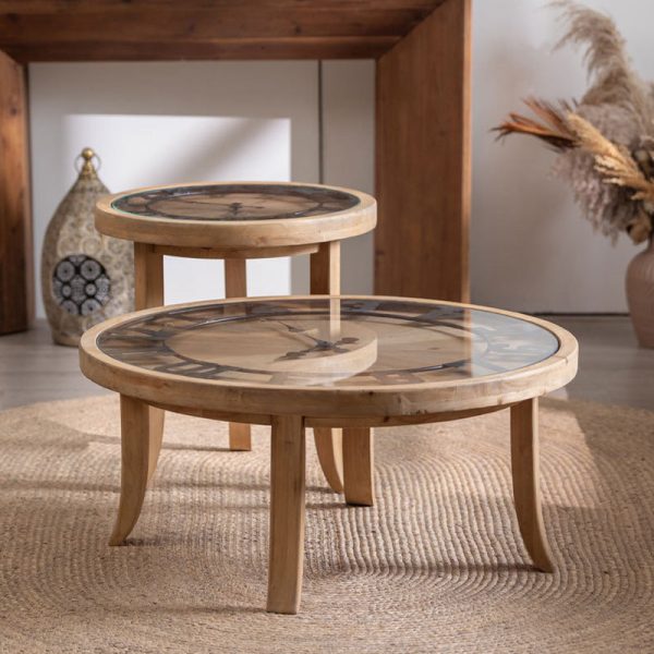 Traditional Rustic Round Wood Iron Glass Coffee Table 1-Tier For Living Room - Image 12