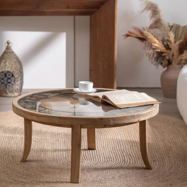 Traditional Rustic Round Wood Iron Glass Coffee Table 1-Tier For Living Room - Image 14