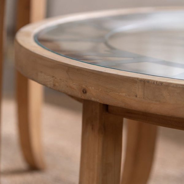 Traditional Rustic Round Wood Iron Glass Coffee Table 1-Tier For Living Room - Image 8