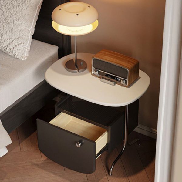 Modern Minimalist Oval Solid Wood Board Tabletop Glass Stainless Steel Nightstand 1-Drawer For Bedroom - Image 7