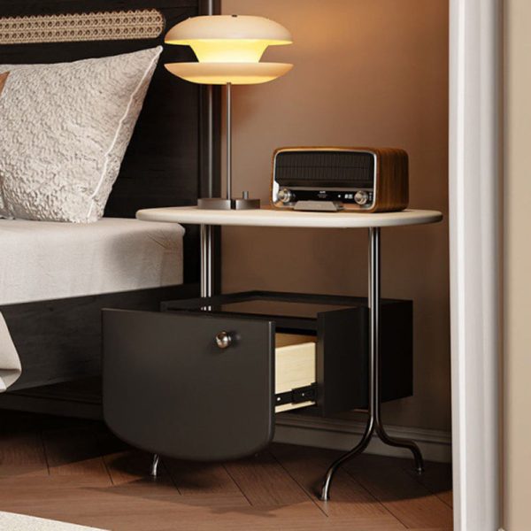 Modern Minimalist Oval Solid Wood Board Tabletop Glass Stainless Steel Nightstand 1-Drawer For Bedroom - Image 8