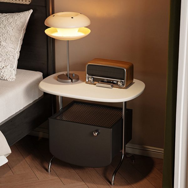 Modern Minimalist Oval Solid Wood Board Tabletop Glass Stainless Steel Nightstand 1-Drawer For Bedroom - Image 2