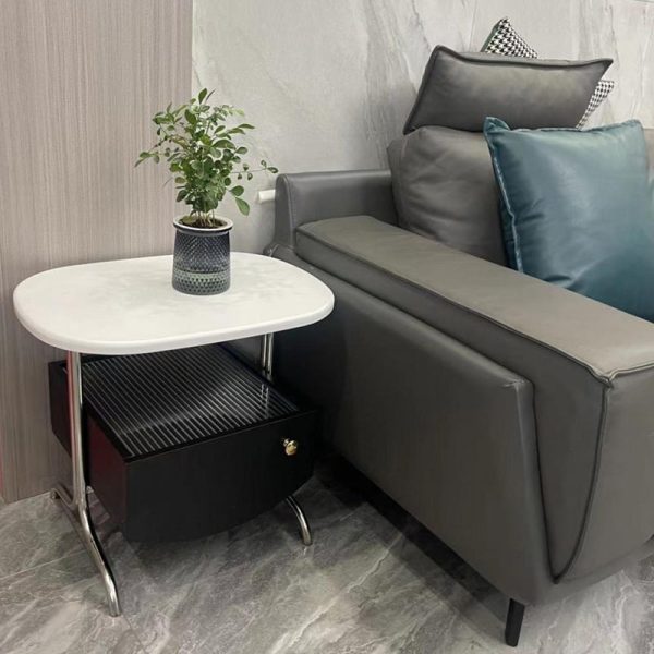 Modern Minimalist Oval Solid Wood Board Tabletop Glass Stainless Steel Nightstand 1-Drawer For Bedroom - Image 9