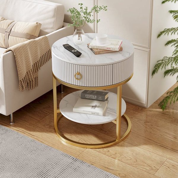 Contemporary Luxury Round Vertical Grain Rock Slab Iron End Table 1/2-Tier For Living Room - Image 2