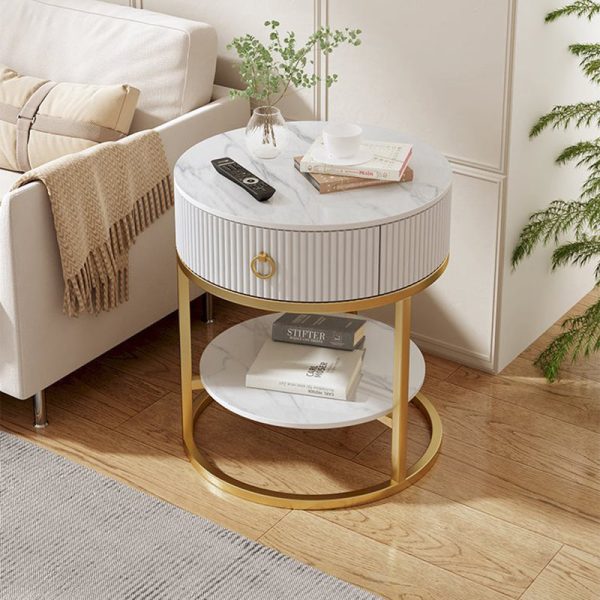 Contemporary Luxury Round Vertical Grain Rock Slab Iron End Table 1/2-Tier For Living Room - Image 9
