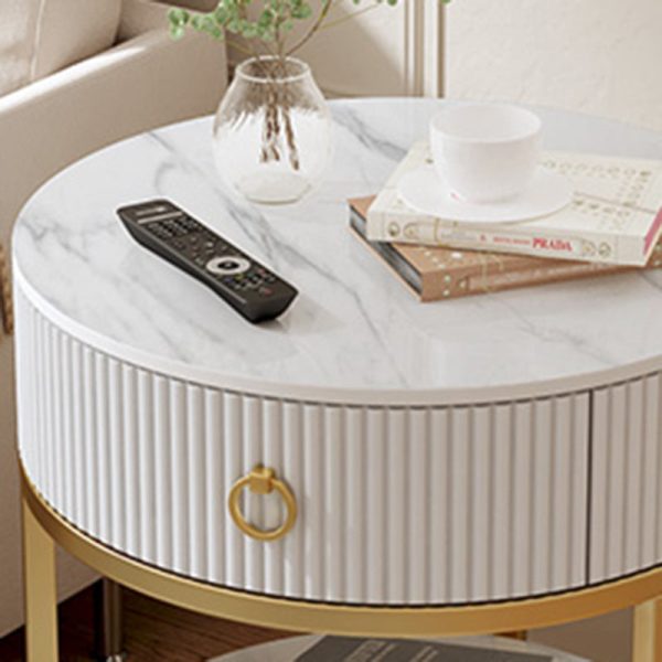 Contemporary Luxury Round Vertical Grain Rock Slab Iron End Table 1/2-Tier For Living Room - Image 5