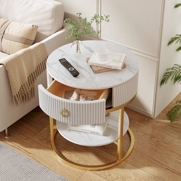 Contemporary Luxury Round Vertical Grain Rock Slab Iron End Table 1/2-Tier For Living Room - Image 8