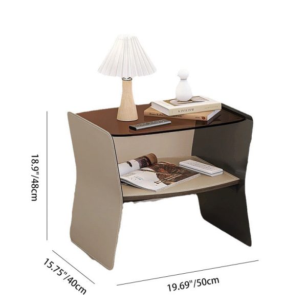 Modern Luxury Irregular Rectangular Glass Stainless Steel Saddle Leather End Table 2-Tier For Living Room - Image 4