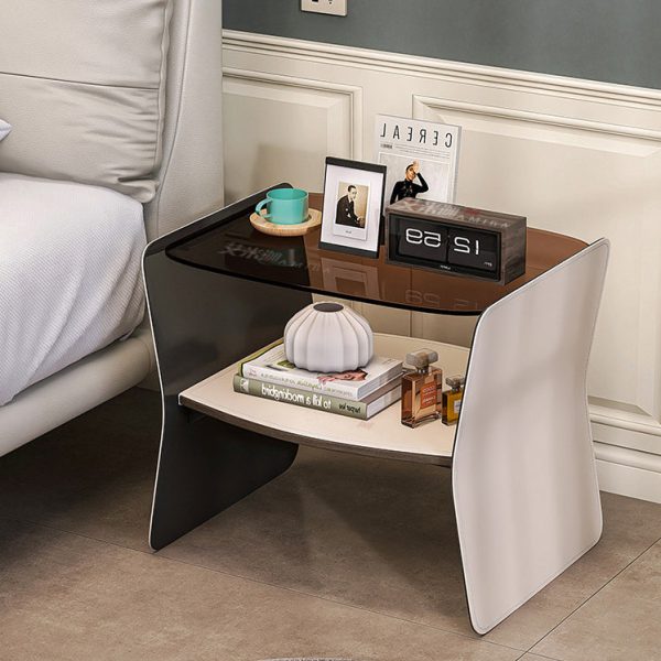 Modern Luxury Irregular Rectangular Glass Stainless Steel Saddle Leather End Table 2-Tier For Living Room - Image 10