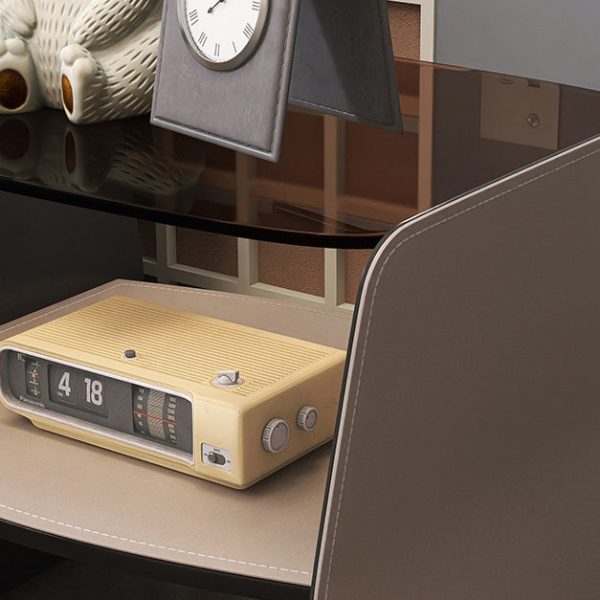 Modern Luxury Irregular Rectangular Glass Stainless Steel Saddle Leather End Table 2-Tier For Living Room - Image 5
