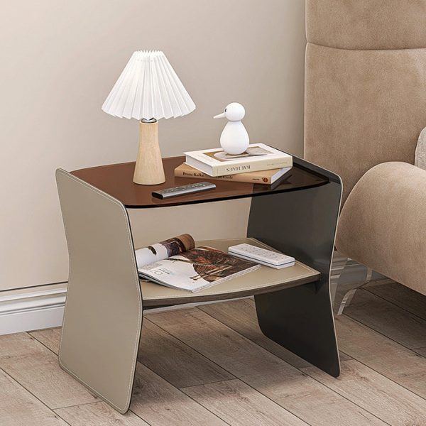 Modern Luxury Irregular Rectangular Glass Stainless Steel Saddle Leather End Table 2-Tier For Living Room - Image 11