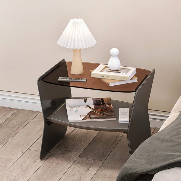 Modern Luxury Irregular Rectangular Glass Stainless Steel Saddle Leather End Table 2-Tier For Living Room - Image 12