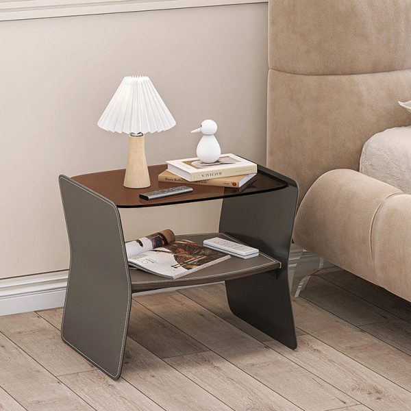 Modern Luxury Irregular Rectangular Glass Stainless Steel Saddle Leather End Table 2-Tier For Living Room - Image 13