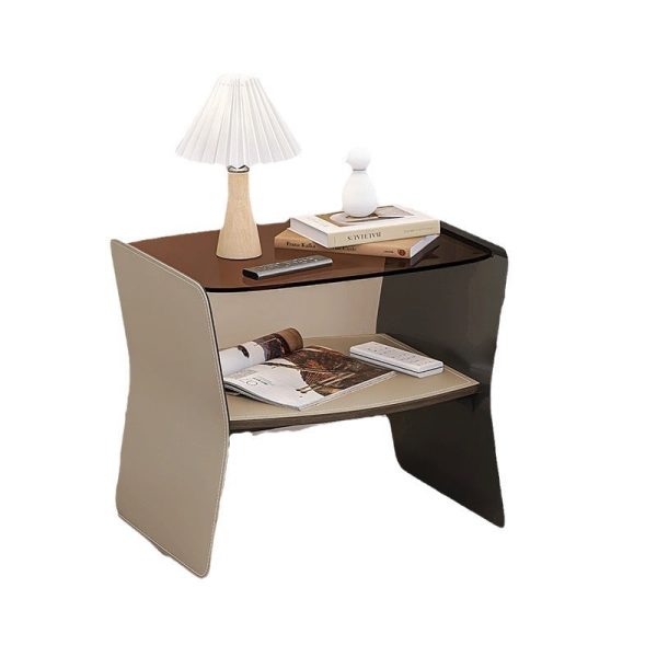 Modern Luxury Irregular Rectangular Glass Stainless Steel Saddle Leather End Table 2-Tier For Living Room - Image 15