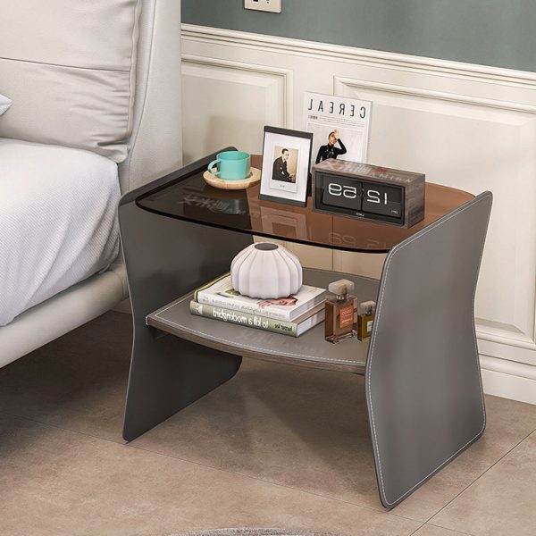 Modern Luxury Irregular Rectangular Glass Stainless Steel Saddle Leather End Table 2-Tier For Living Room
