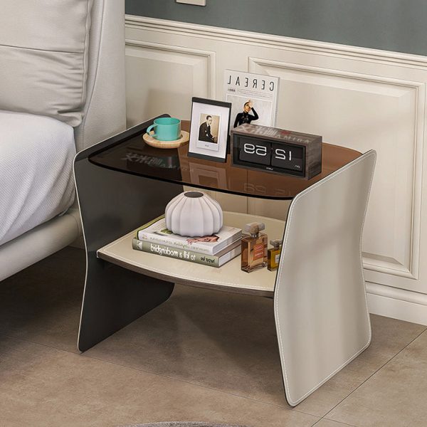 Modern Luxury Irregular Rectangular Glass Stainless Steel Saddle Leather End Table 2-Tier For Living Room - Image 2