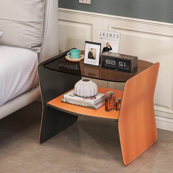 Modern Luxury Irregular Rectangular Glass Stainless Steel Saddle Leather End Table 2-Tier For Living Room - Image 3