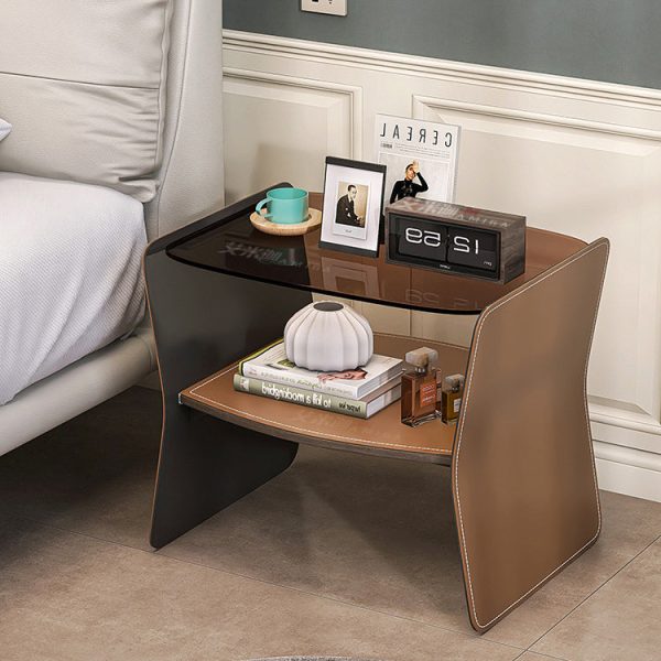 Modern Luxury Irregular Rectangular Glass Stainless Steel Saddle Leather End Table 2-Tier For Living Room - Image 7