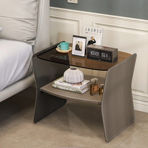 Modern Luxury Irregular Rectangular Glass Stainless Steel Saddle Leather End Table 2-Tier For Living Room - Image 8