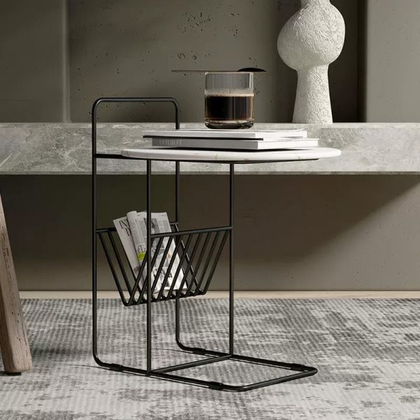 Modern Luxury Rock Slab Carbon Steel Frame Round End Table 1-Tier For Living Room - Image 6