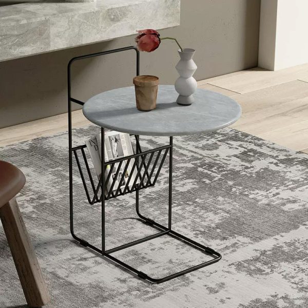 Modern Luxury Rock Slab Carbon Steel Frame Round End Table 1-Tier For Living Room - Image 2