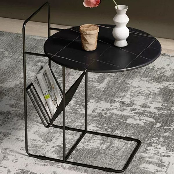 Modern Luxury Rock Slab Carbon Steel Frame Round End Table 1-Tier For Living Room - Image 3