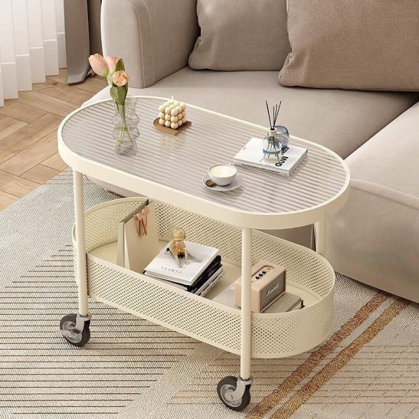 Modern Simplicity Oval Glass Top Iron Movable End Table 1-Tier Cabinet For Living Room - Image 2
