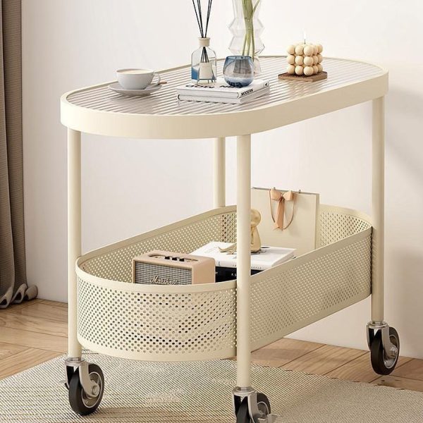 Modern Simplicity Oval Glass Top Iron Movable End Table 1-Tier Cabinet For Living Room - Image 7
