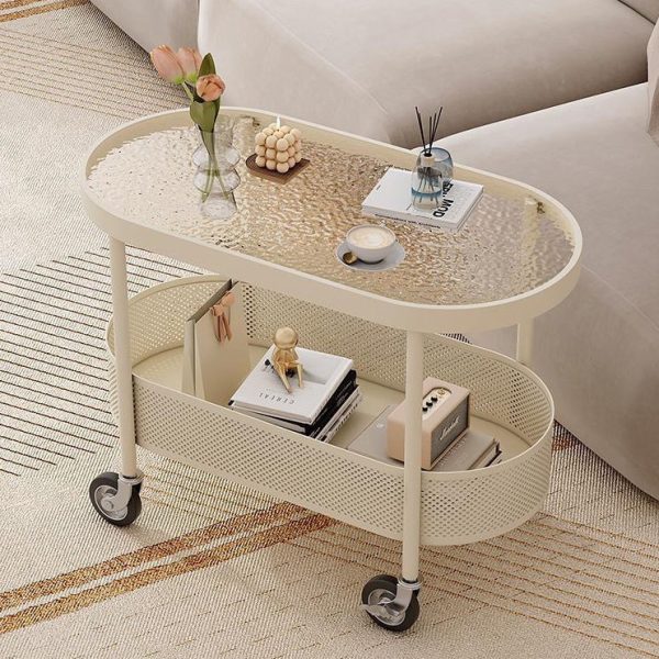 Modern Simplicity Oval Glass Top Iron Movable End Table 1-Tier Cabinet For Living Room - Image 3