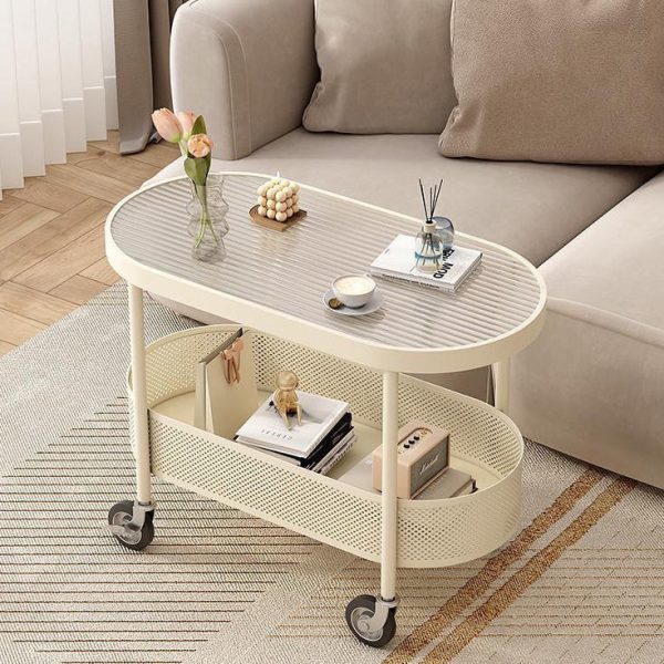 Modern Simplicity Oval Glass Top Iron Movable End Table 1-Tier Cabinet For Living Room - Image 10