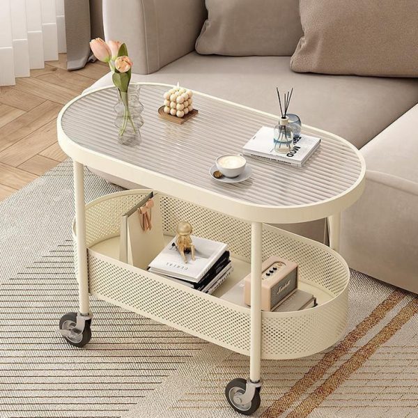 Modern Simplicity Oval Glass Top Iron Movable End Table 1-Tier Cabinet For Living Room - Image 12