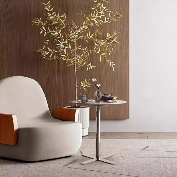 Modern Minimalist Round Rock Slab Stainless Steel Base End Table 1-Tier For Living Room - Image 3