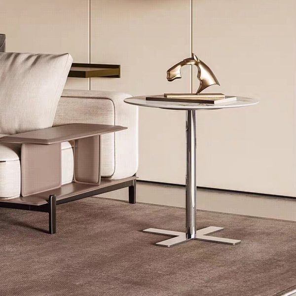 Modern Minimalist Round Rock Slab Stainless Steel Base End Table 1-Tier For Living Room
