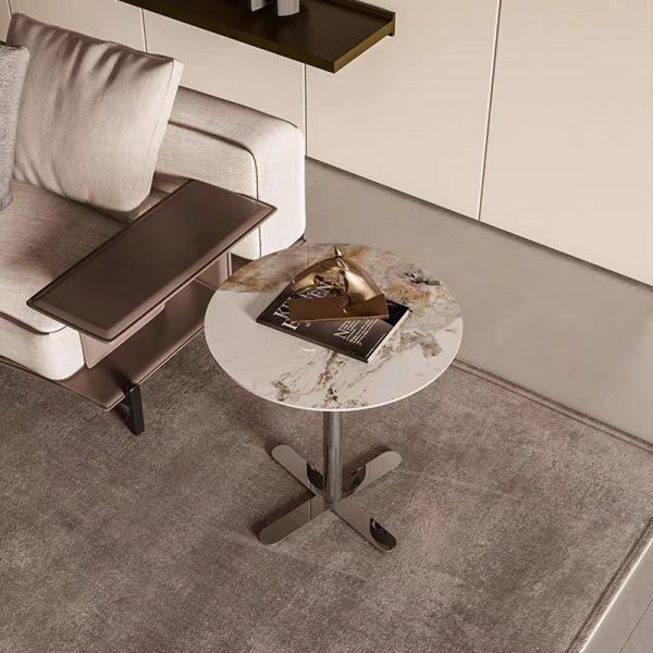 Modern Minimalist Round Rock Slab Stainless Steel Base End Table 1-Tier For Living Room - Image 8